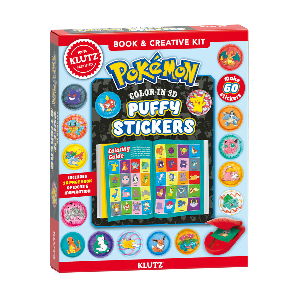 Klutz Pokemon Color-In 3D Puffy Stickers book and creative kit with 60 stickers, coloring guide, and red applicator tool on package