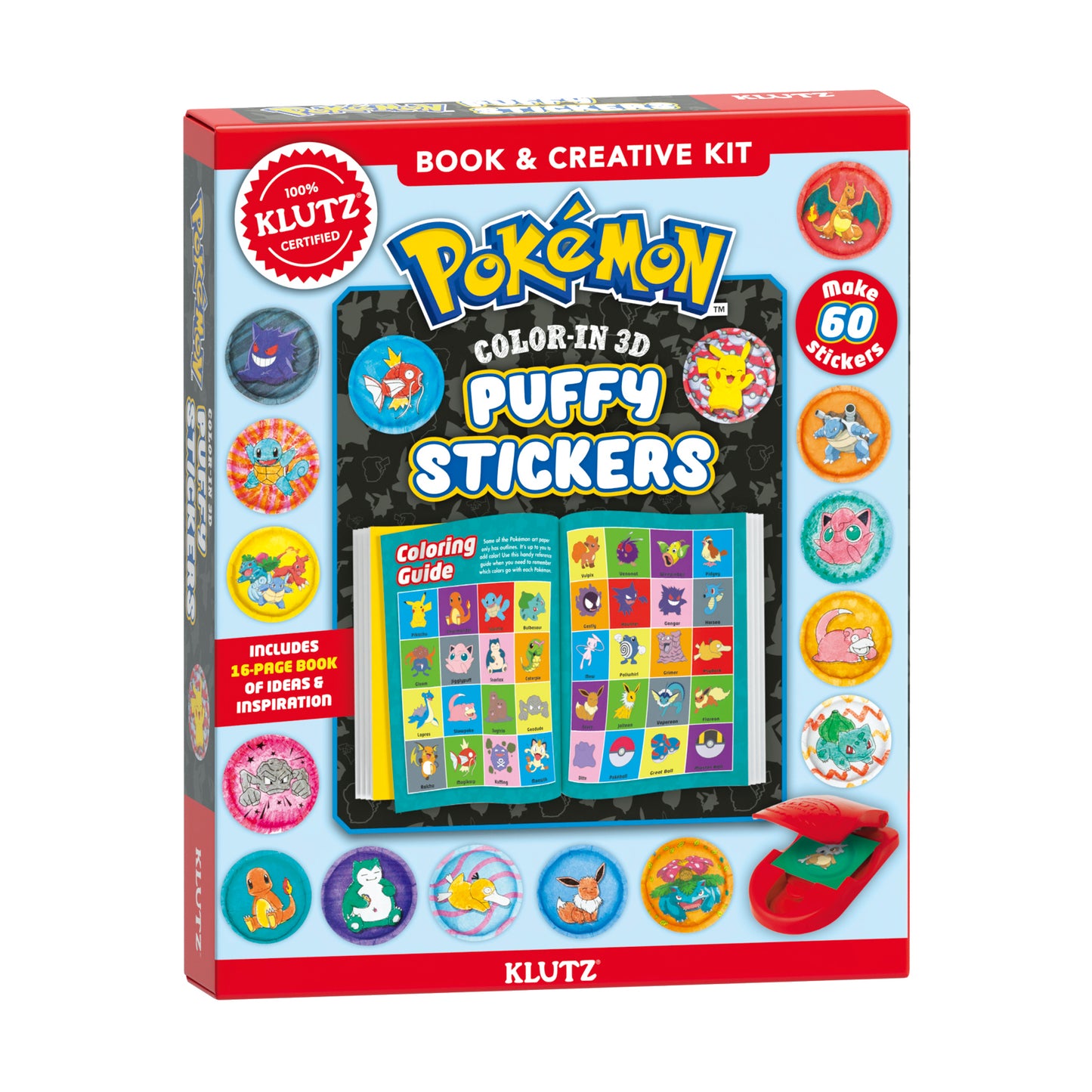 Klutz Pokemon Color-In 3D Puffy Stickers book and creative kit with 60 stickers, coloring guide, and red applicator tool on package