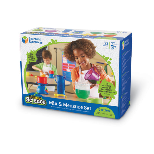 Learning Resources Primary Science Mix & Measure Set box showing children modeled using colorful measuring cups and containers for hands-on science activities