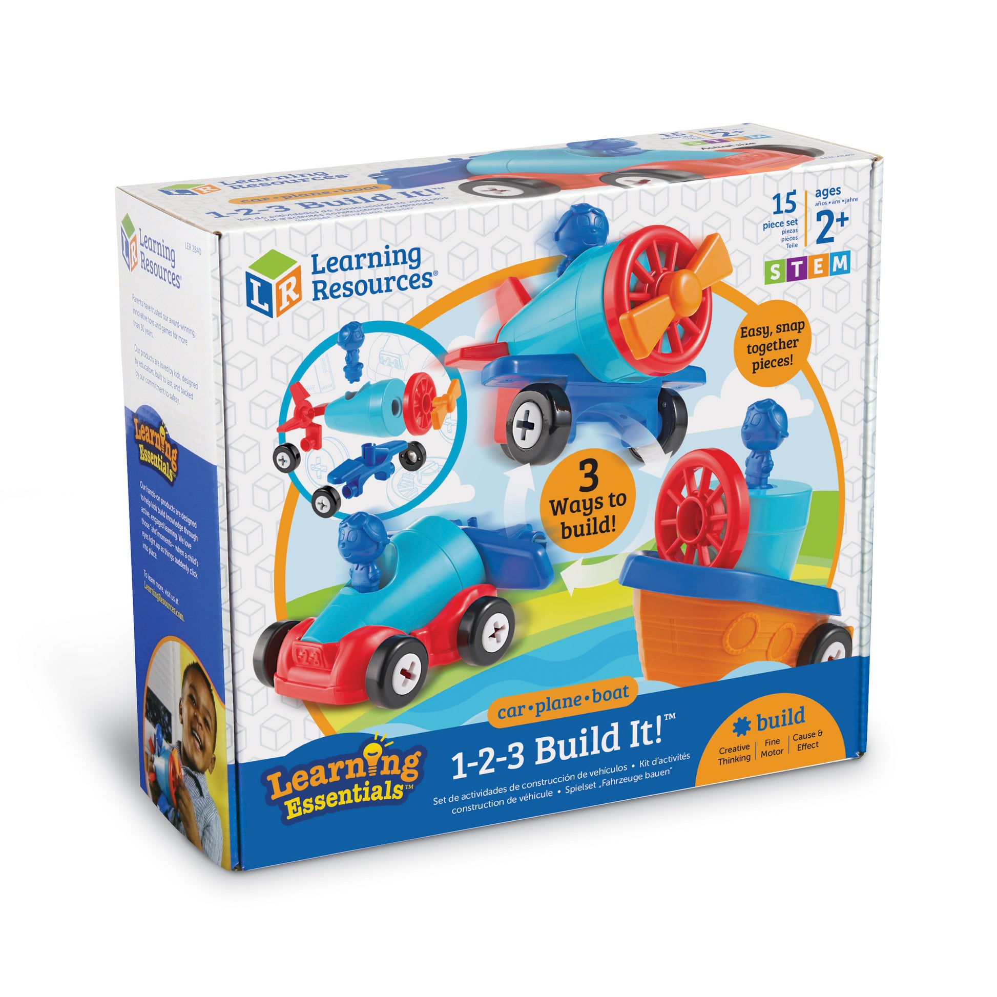 Learning Resources 1-2-3 Build It! construction kit with colorful blue, red, and orange vehicle pieces including car, plane, and boat components in packaging