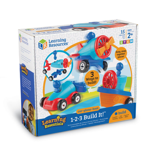 Learning Resources 1-2-3 Build It! construction kit with colorful blue, red, and orange vehicle pieces including car, plane, and boat components in packaging