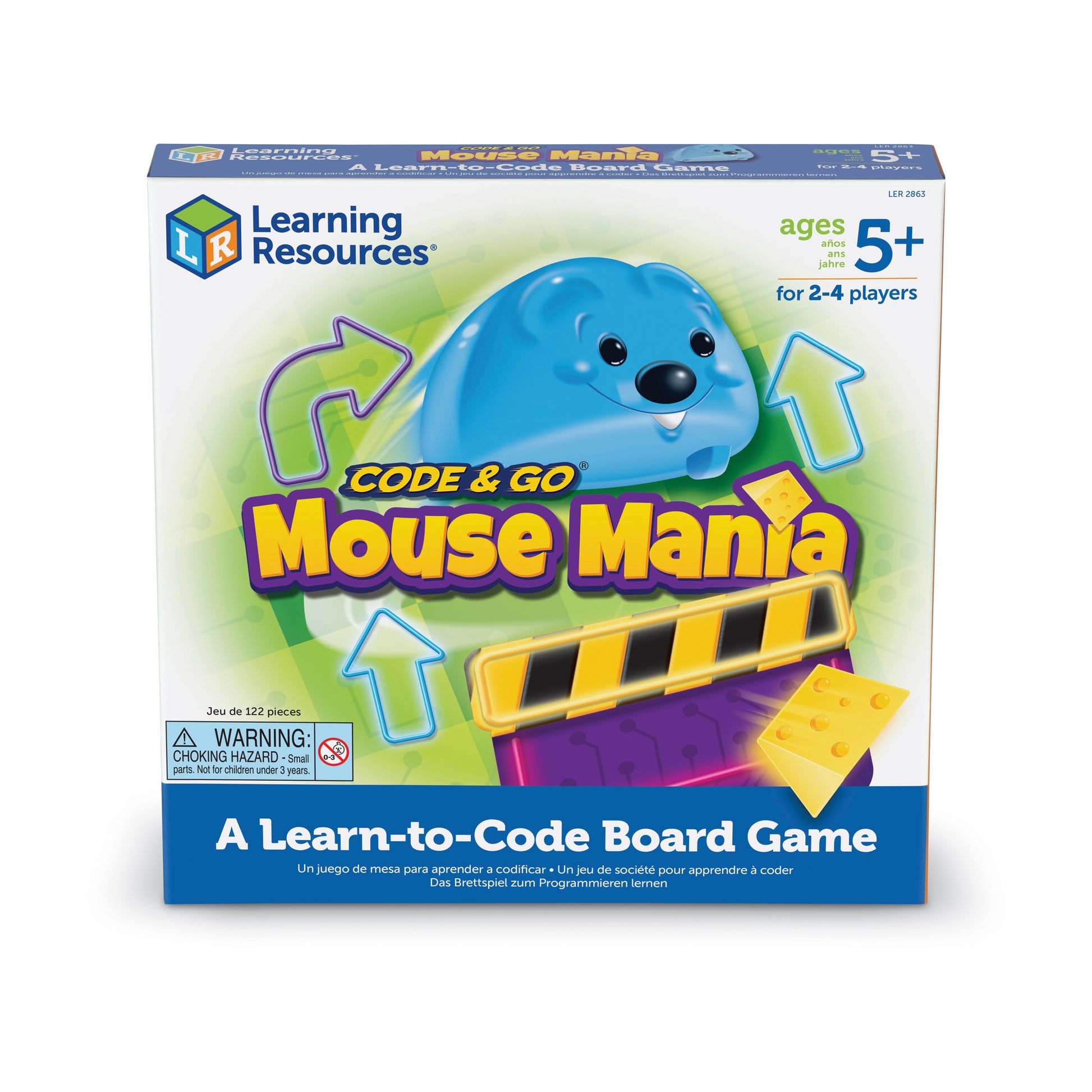 Code & Go Mouse Mania board game box featuring a blue mouse robot, directional arrow pieces, yellow coding board, and purple game board. Ages 5+, for 2-4 player