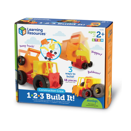 Learning Resources 1-2-3 Build It! Construction Crew set with orange and yellow snap-together dump truck, digger, and bulldozer pieces on packaging box