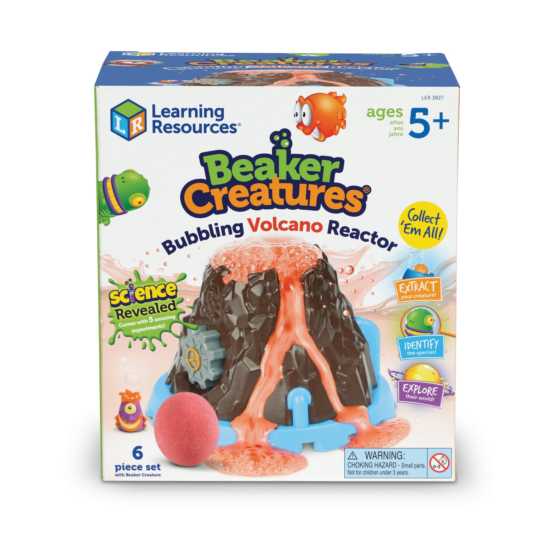 Learning Resources Beaker Creatures Bubbling Volcano Reactor science kit box showing black and orange volcano toy with blue base, red ball, and small creature f