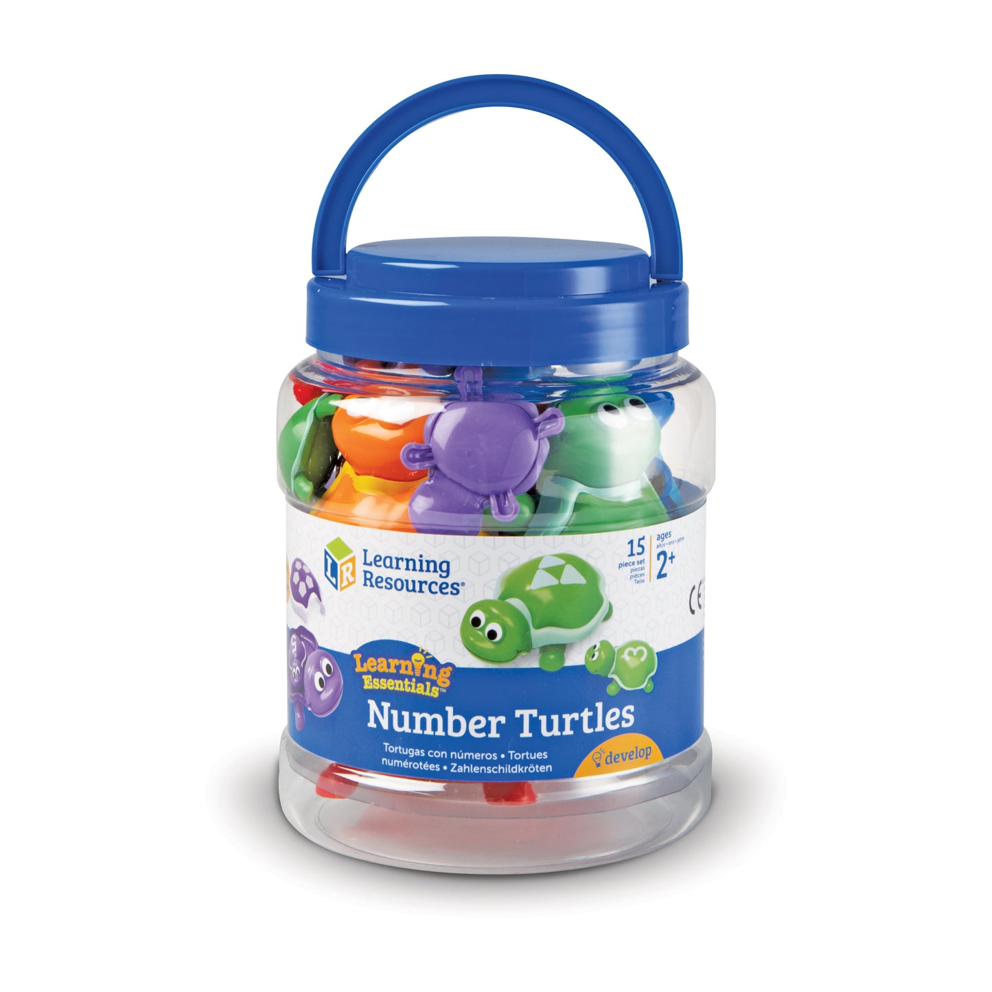 Learning Essentials Number Turtles set in clear jar with blue handle, containing 15 colorful turtle pieces in green, purple, orange, and white for counting and