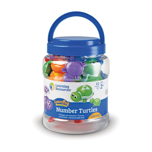Learning Essentials Number Turtles set in clear jar with blue handle, containing 15 colorful turtle pieces in green, purple, orange, and white for counting and