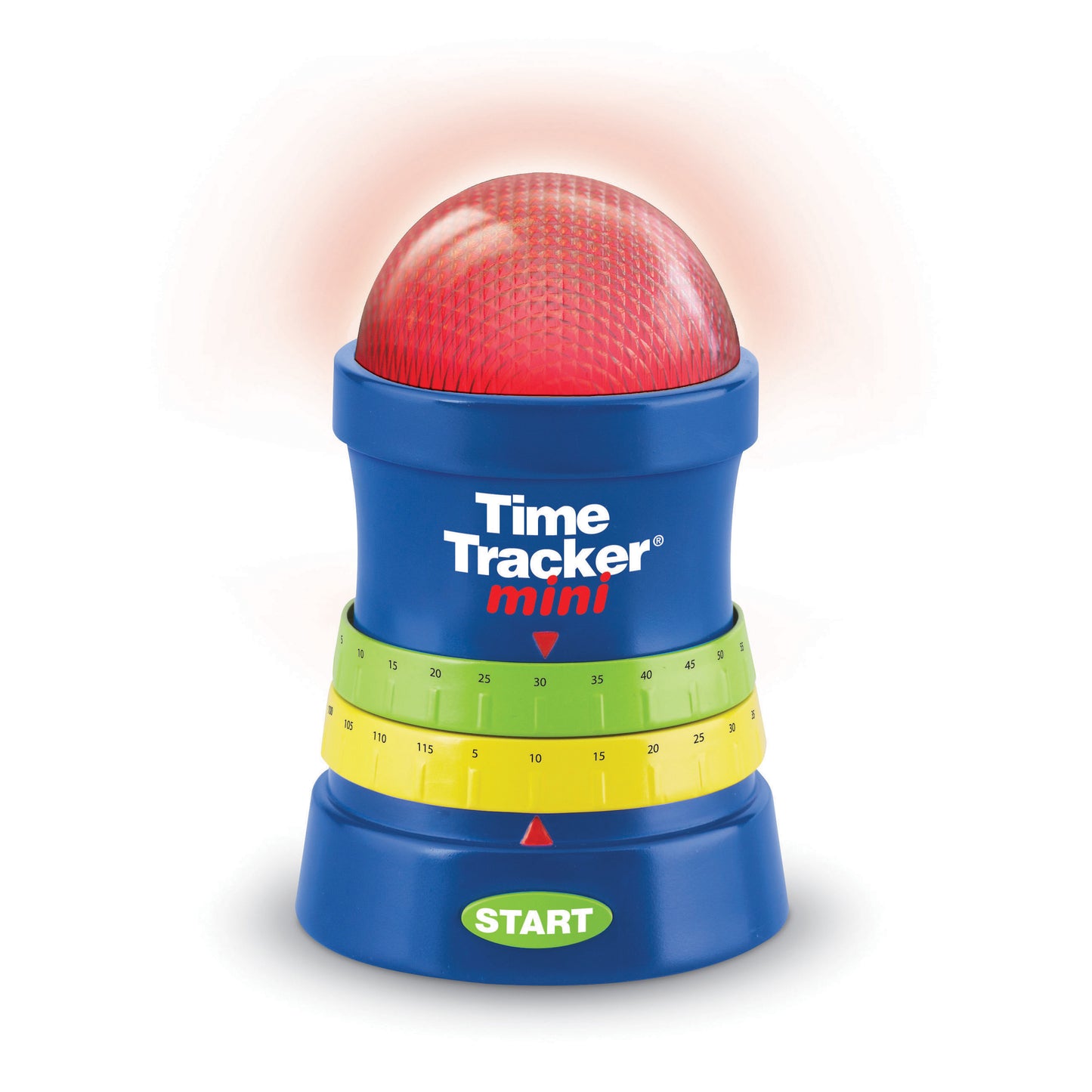 Time Tracker mini visual countdown timer with red glowing dome top, blue base, and removable green and yellow time-band rings marked with numbers, START button