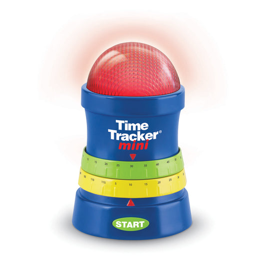 Time Tracker mini visual countdown timer with red glowing dome top, blue base, and removable green and yellow time-band rings marked with numbers, START button
