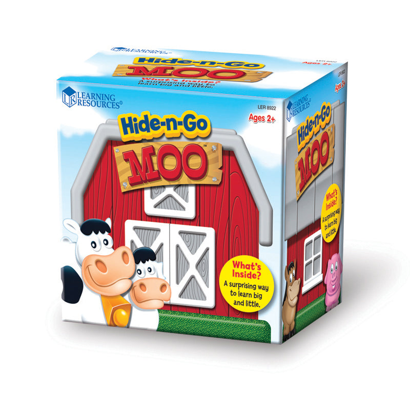 Hide-n-Go Moo barn-shaped toy with cow and calf characters, red barn doors, and yellow sign on top, for ages 2+