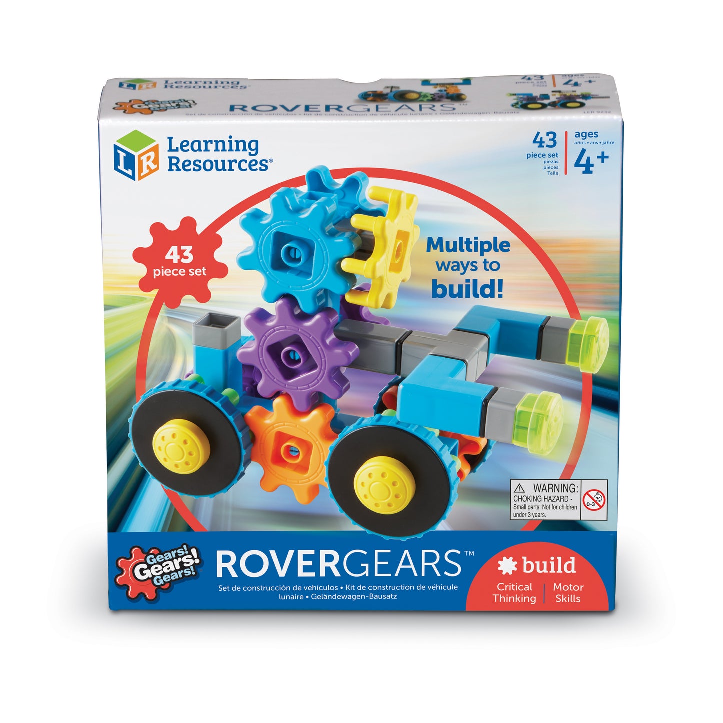 Learning Resources Gears! Gears! Gears! Rover Gears building set with 43 colorful pieces including blue, yellow, purple, and orange gears, gray blocks, and whee