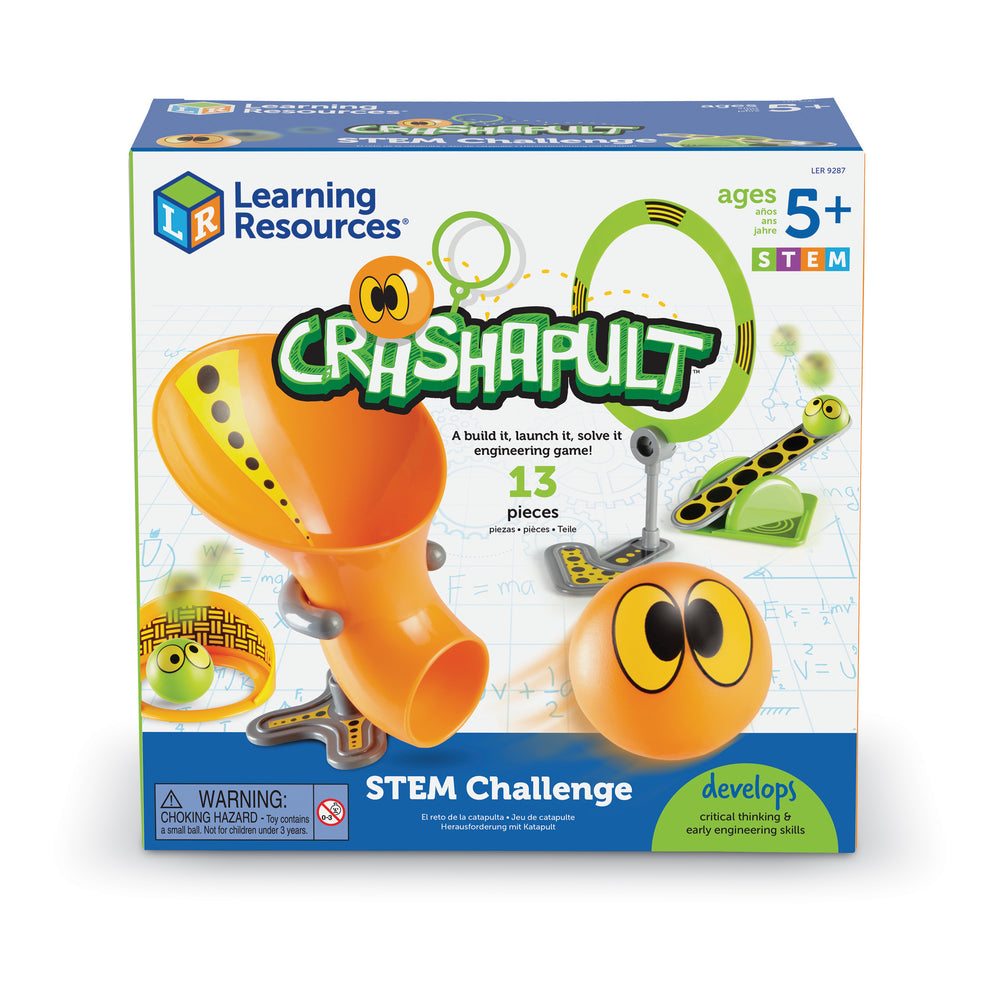 Learning Resources Crashapult STEM Challenge building set with orange and green catapult launcher, yellow-eyed ball targets, and 13 pieces for ages 5+