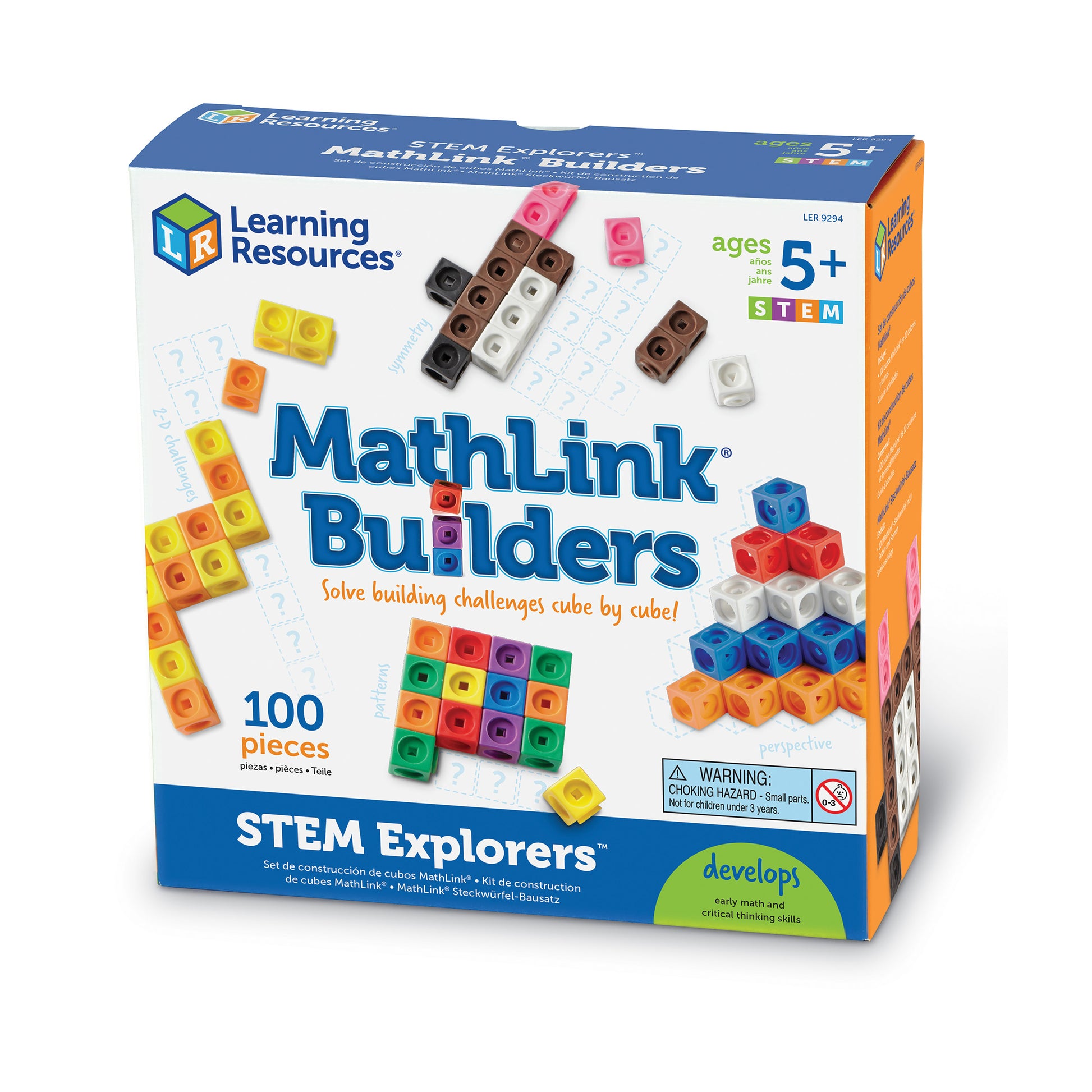 Learning Resources MathLink Builders STEM Explorers set with 100 colorful interlocking cubes in yellow, orange, red, pink, purple, blue, green, and white
