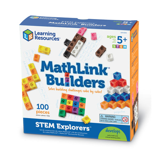 Learning Resources MathLink Builders STEM Explorers set with 100 colorful interlocking cubes in yellow, orange, red, pink, purple, blue, green, and white