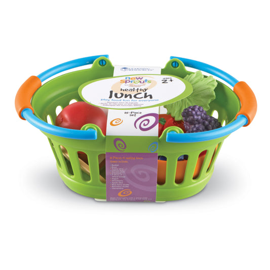 New Sprouts Healthy Playtime Lunch Set with green basket, blue handles, and play food including apple, lettuce, grapes, and bread