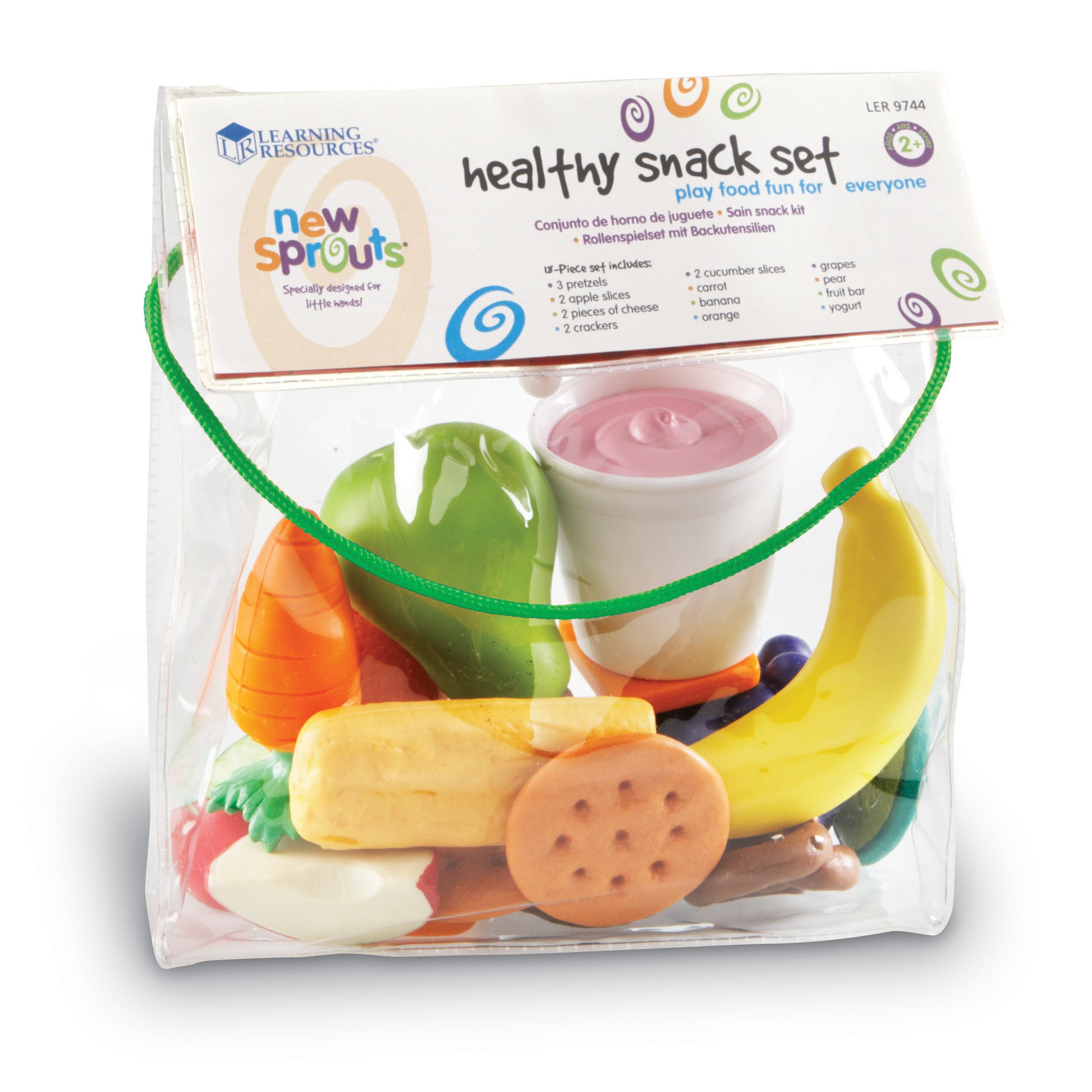 Learning Resources New Sprouts Healthy Snack Set with play food items including apple, banana, carrot, cheese, crackers, pretzels, and a white bowl with pink di