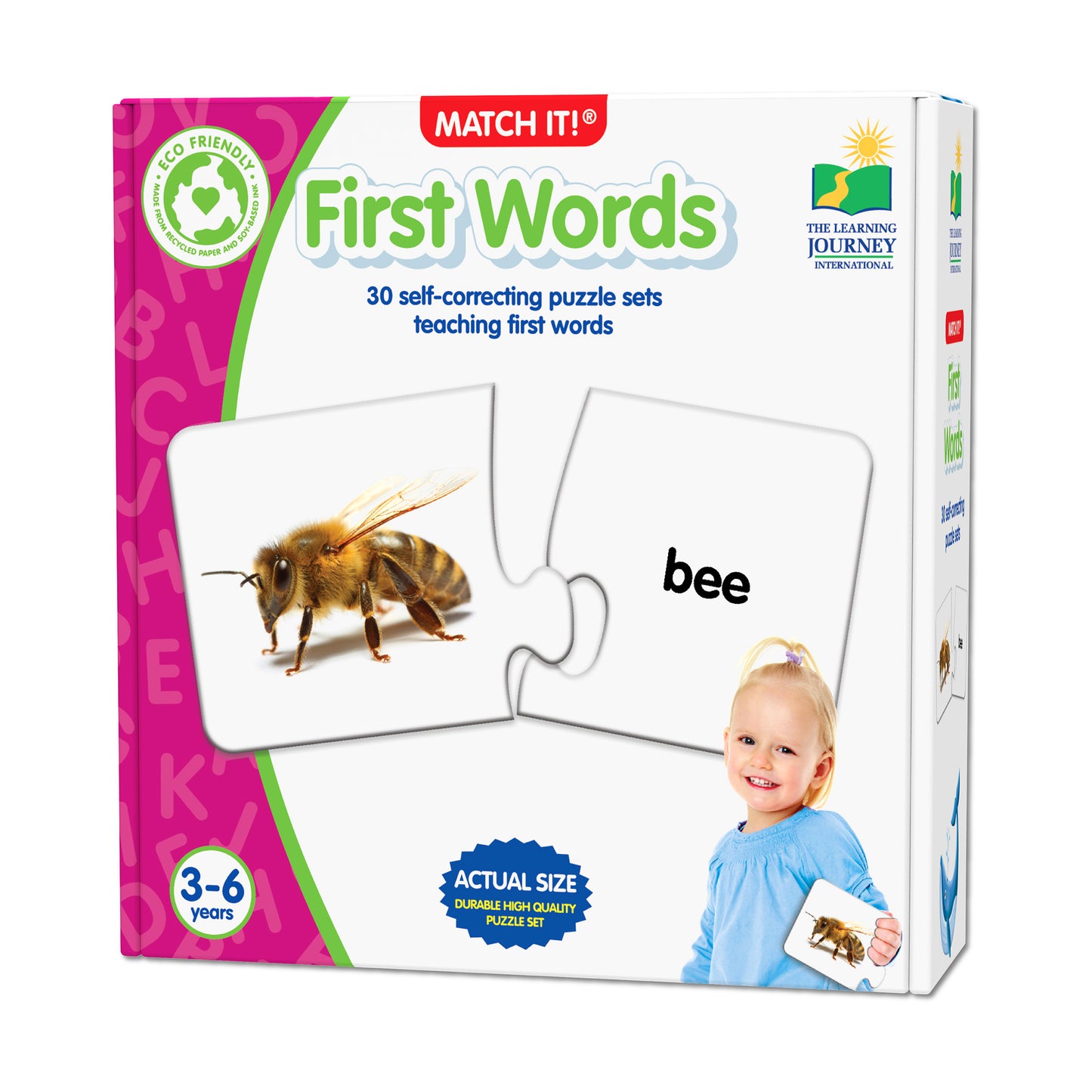 Match It! First Words puzzle game box showing a bee image matching puzzle piece and word "bee", modeled by a child, for ages 3-6