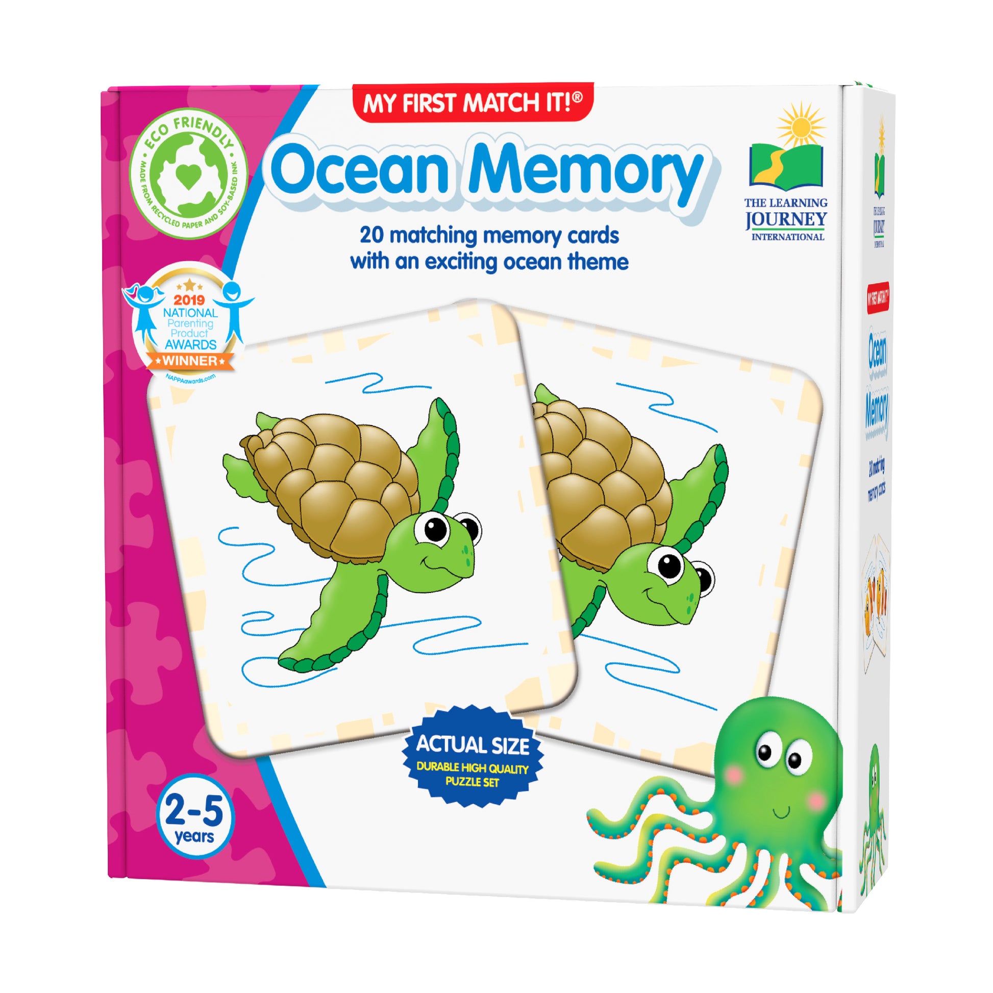 My First Match It! Ocean Memory game box showing 20 matching memory cards with ocean-themed illustrations including sea turtles and an octopus, for ages 2-5