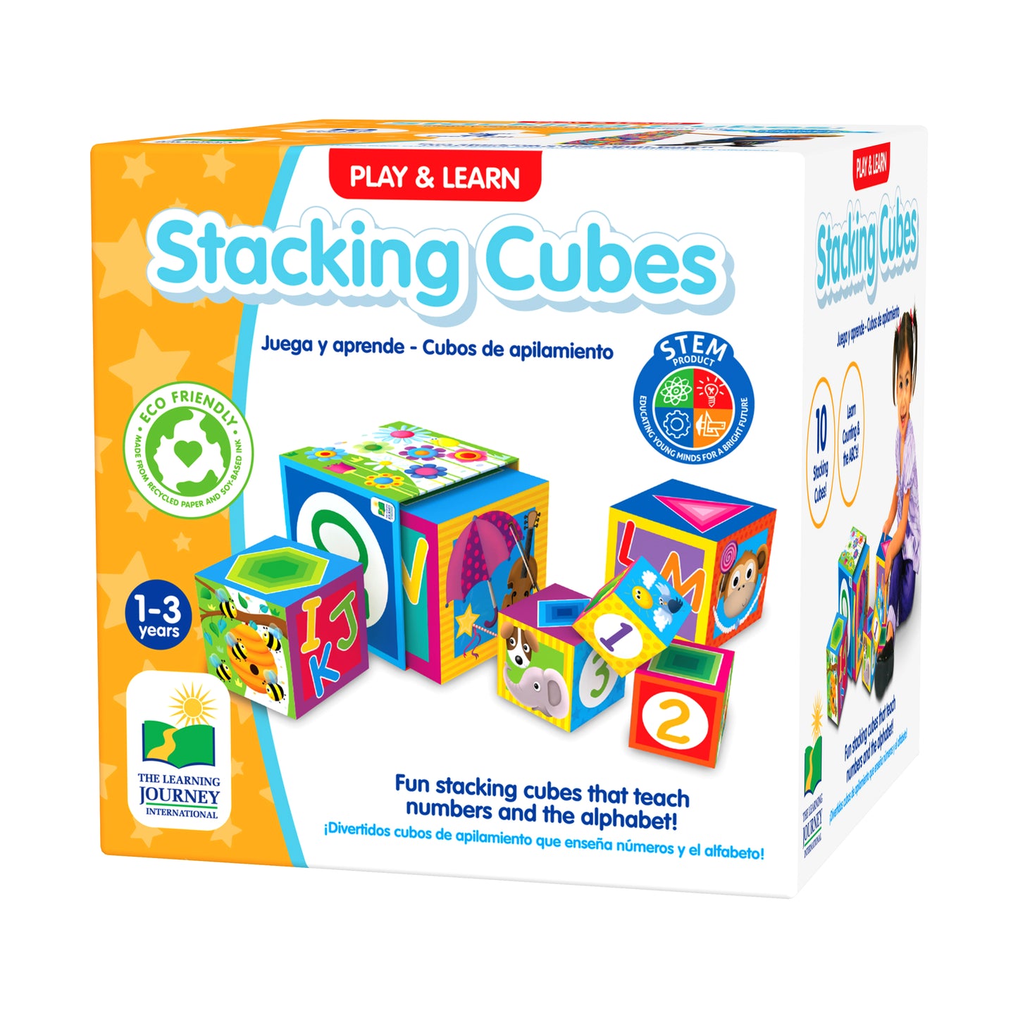 Play & Learn Stacking Cubes packaging showing colorful foam blocks with numbers, letters, and animal designs for ages 1-3 years