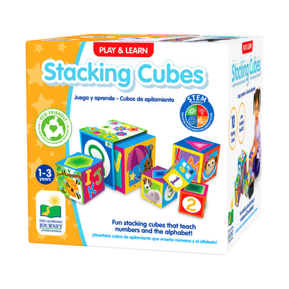 Play & Learn Stacking Cubes packaging showing colorful foam blocks with numbers, letters, and animal designs for ages 1-3 years