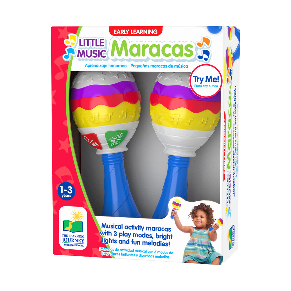 Little Music Maracas set of two with colorful striped heads in purple, red, yellow, and white, blue handles, bright lights, and musical activity modes for ages
