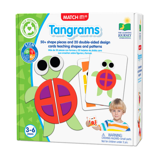 Match It! Tangrams puzzle set box showing colorful geometric turtle and shape design cards, with child on model holding card, 50+ pieces and 20 double-sided car
