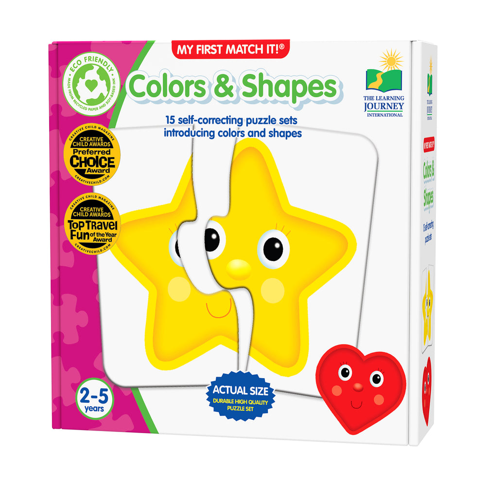 My First Match It! Colors & Shapes puzzle set box featuring a cheerful yellow star and red heart character with big eyes, eco-friendly certified, for ages 2-5