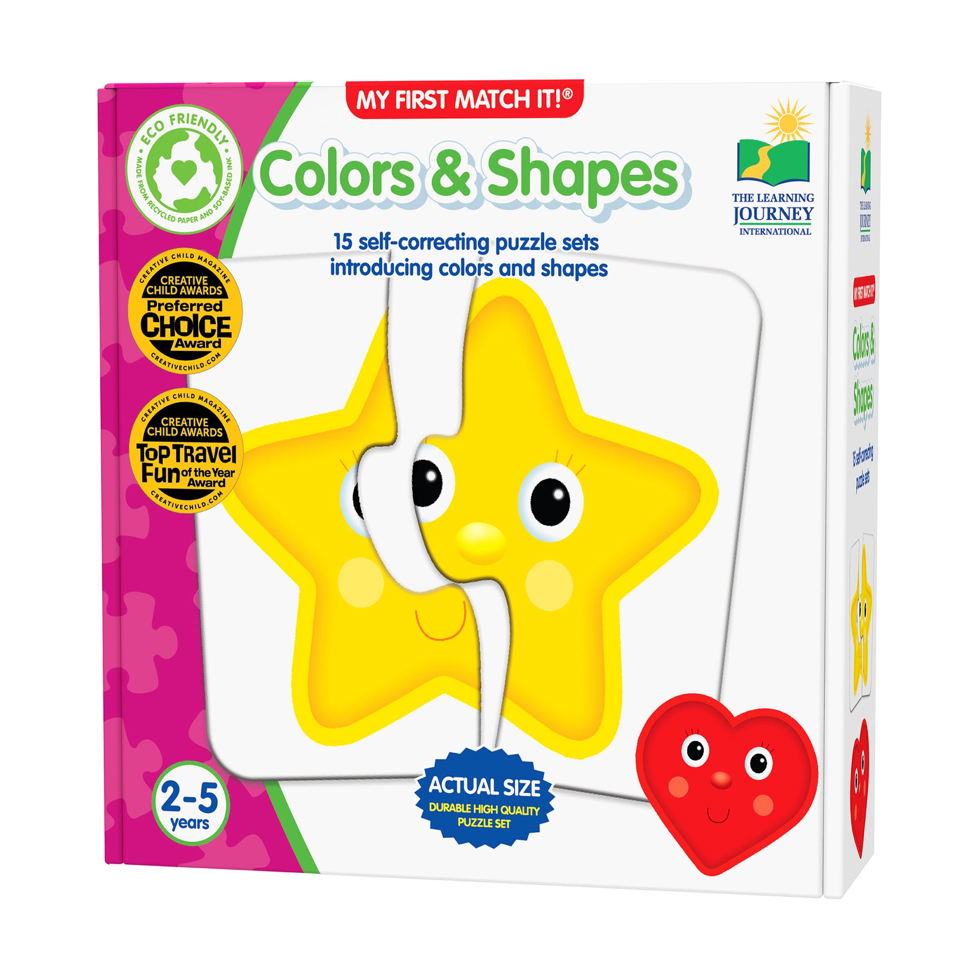 My First Match It! Colors & Shapes puzzle set box featuring a cheerful yellow star and red heart character with big eyes, eco-friendly certified, for ages 2-5