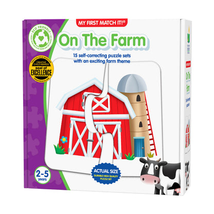 My First Match It! On the Farm puzzle set box showing red barn with silo and cow, 15 self-correcting puzzle sets for ages 2-5