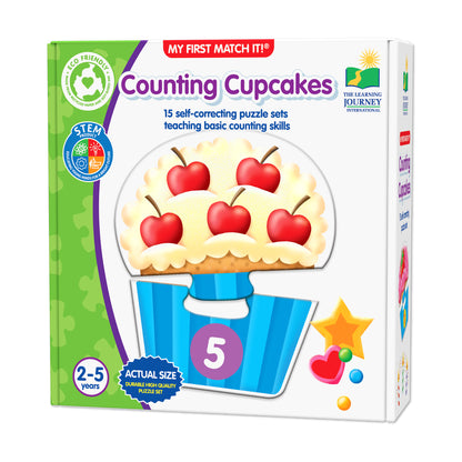 My First Match It! Counting Cupcakes puzzle box showing a blue cupcake wrapper with a vanilla cupcake topped with five red apples and the number 5