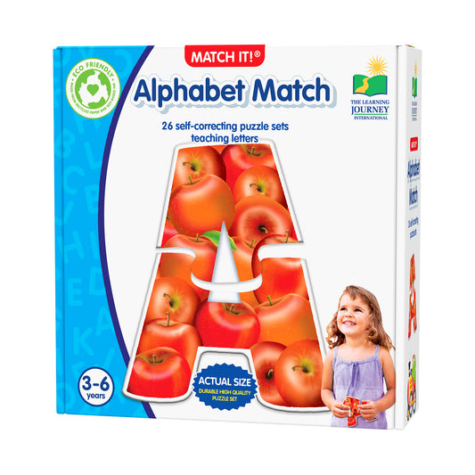 Match It! Alphabet Match game box with large letter A filled with red apples, modeled by a child in purple dress holding puzzle piece