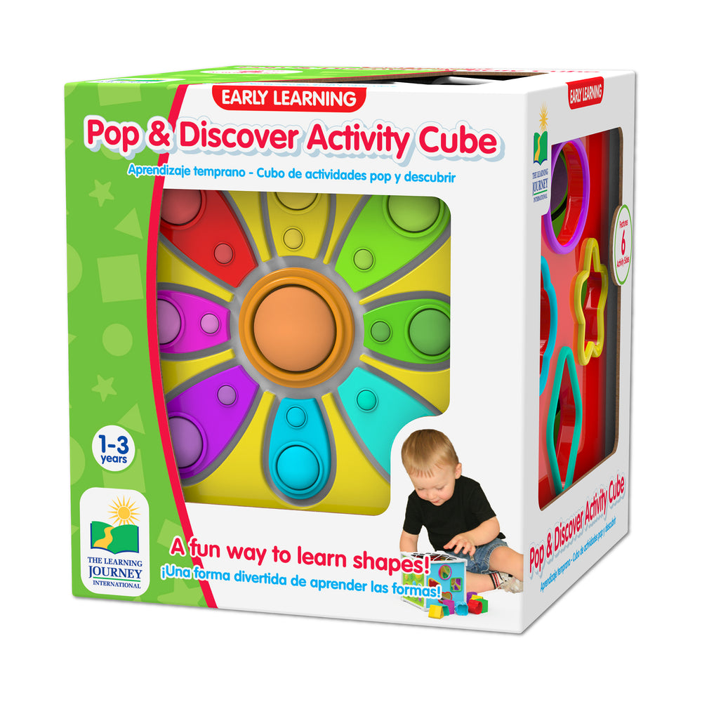 Pop & Discover Activity Cube by Early Learning with colorful pop-out sections in red, yellow, green, blue, purple, and cyan arranged around an orange center but
