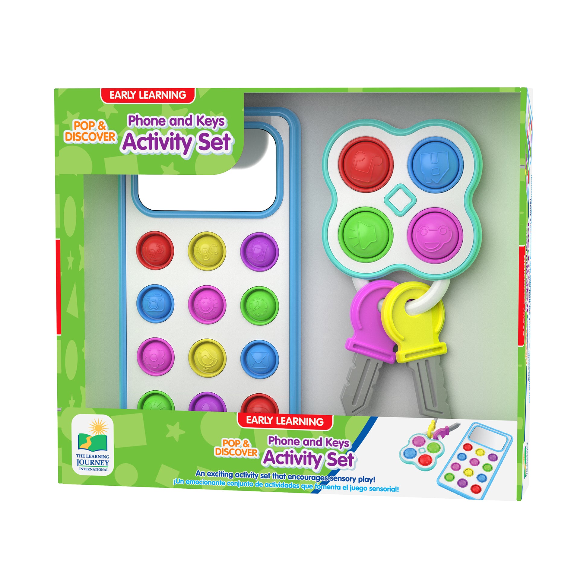 Pop & Discover Phone and Keys Activity Set with colorful pop buttons on phone-shaped toy and matching key toy with purple, yellow, and gray parts