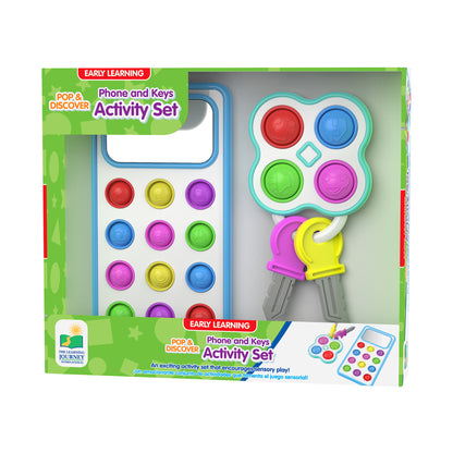 Pop & Discover Phone and Keys Activity Set with colorful pop buttons on phone-shaped toy and matching key toy with purple, yellow, and gray parts