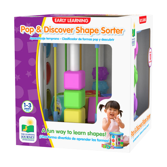 Early Learning Pop & Discover Shape Sorter packaging showing colorful stacked blocks in pink, green, and yellow with sorting pegs, modeled by a child