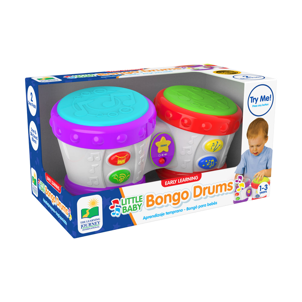 Little Baby Bongo Drums with purple and cyan drum on left, red and green drum on right, colorful button controls, modeled by a child