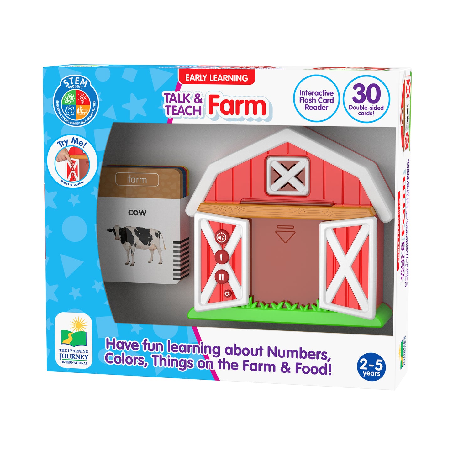 Early Learning Talk & Teach Farm interactive flash card reader with red barn-shaped device, interactive flash cards, and cow card shown on packaging for ages 2-