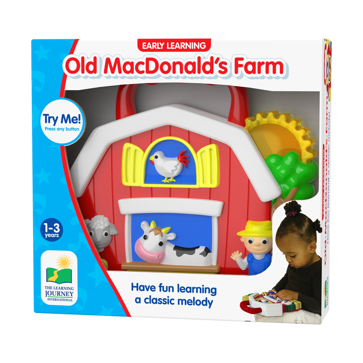 Early Learning Old MacDonald's Farm interactive toy barn with red roof, pop-up animal figures, and button to play classic melody, modeled by a child
