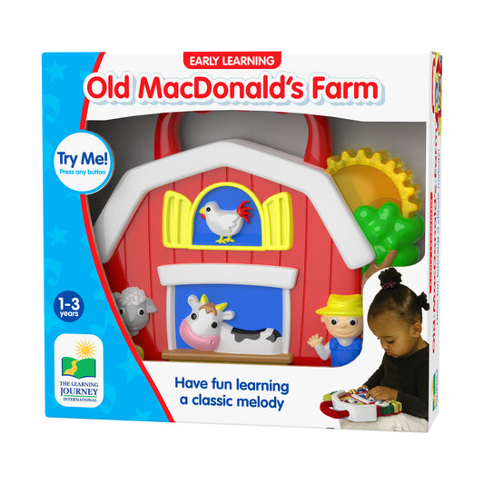 Early Learning Old MacDonald's Farm interactive toy barn with red roof, pop-up animal figures, and button to play classic melody, modeled by a child