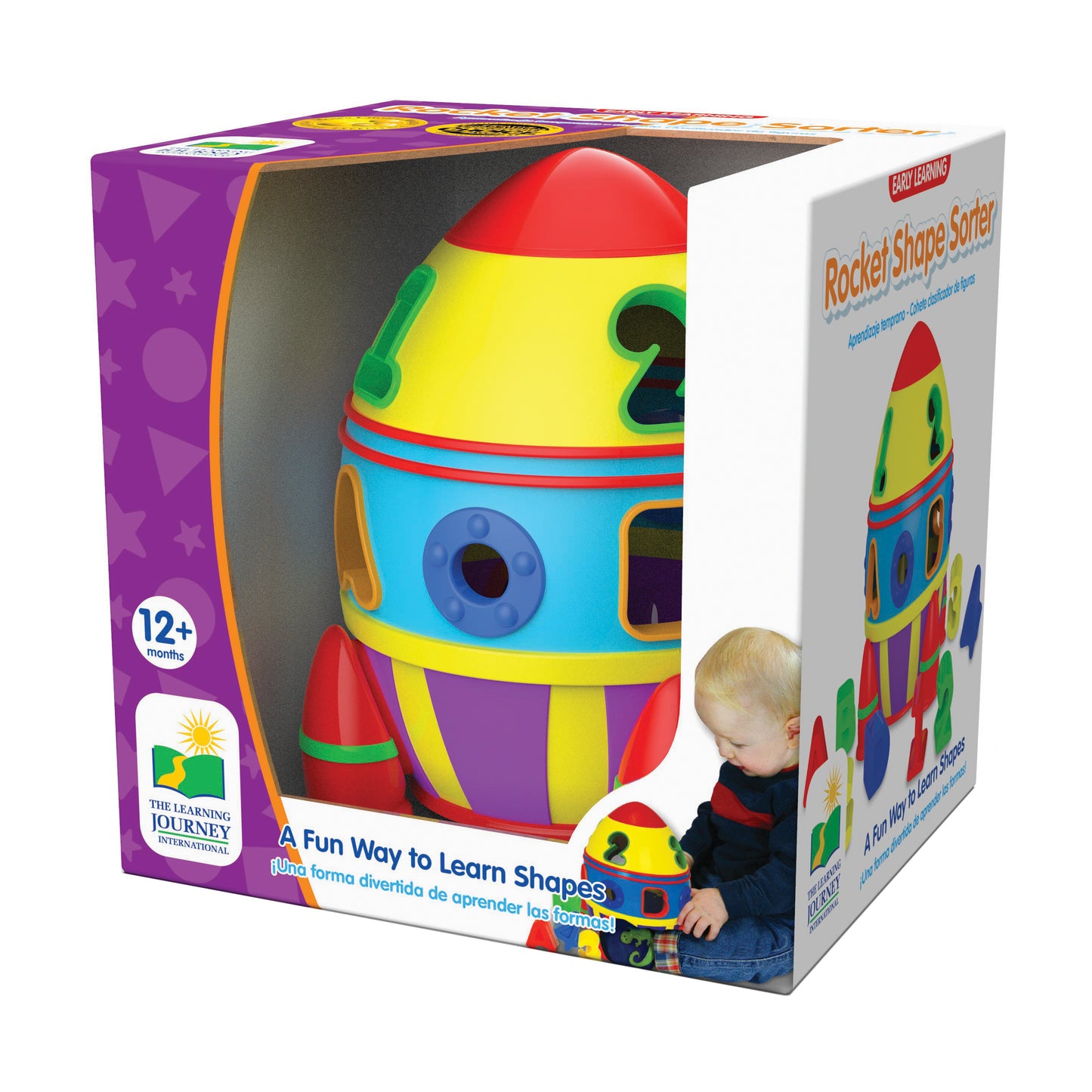 Rocket Shape Sorter toy in red, yellow, blue, and purple with shape-sorting openings, shown on packaging with a child playing with it, labeled 12+ months