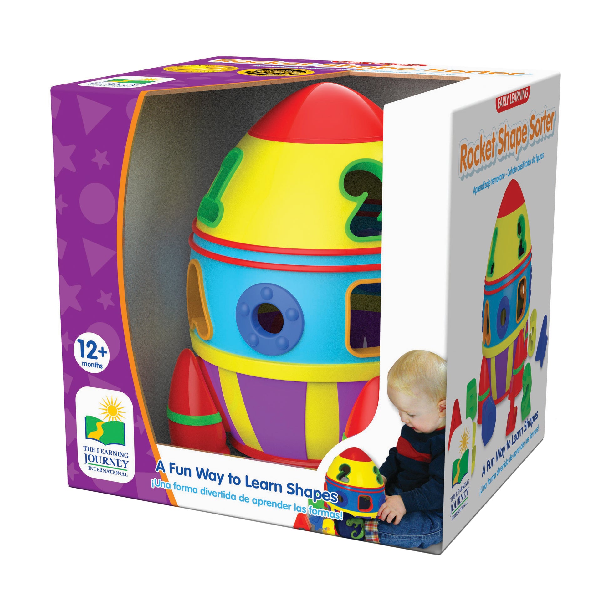 Rocket Shape Sorter toy in red, yellow, blue, and purple with shape-sorting openings, shown on packaging with a child playing with it, labeled 12+ months