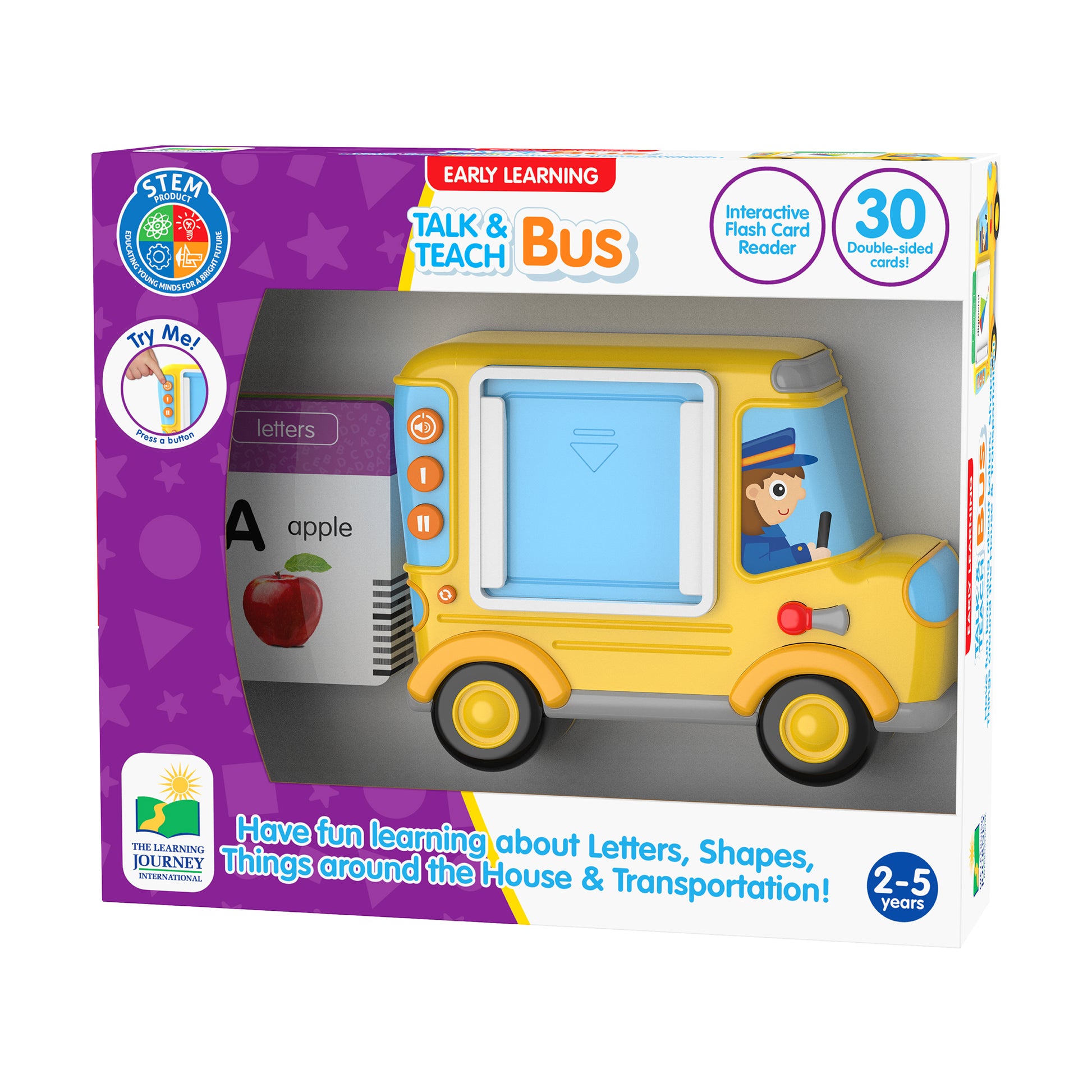 Early Learning Talk & Teach Bus yellow interactive flash card reader with animated bus driver character, blue screen, and orange buttons on packaging