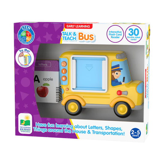 Early Learning Talk & Teach Bus yellow interactive flash card reader with animated bus driver character, blue screen, and orange buttons on packaging