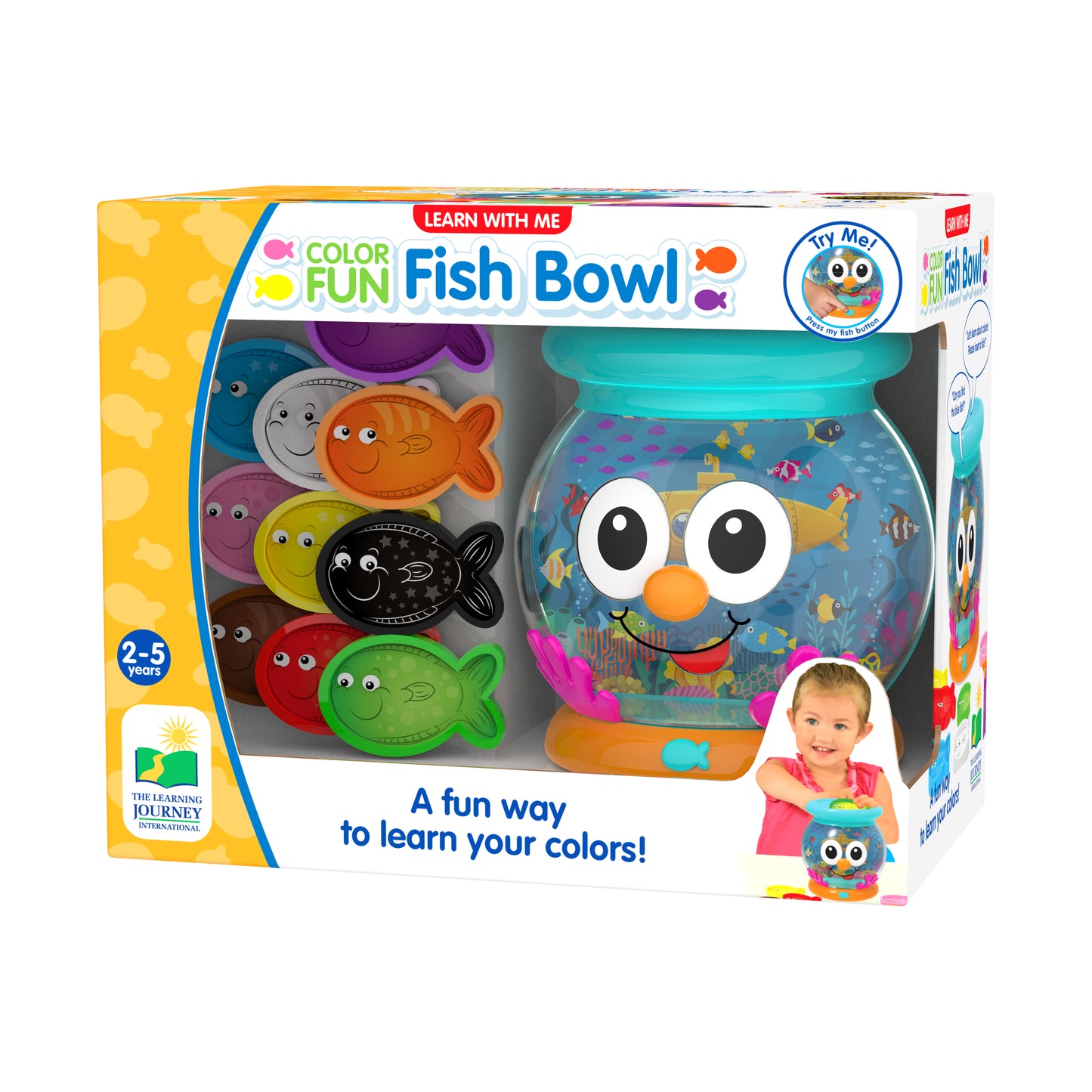 Learn with Me Color Fun Fish Bowl toy set with colorful fish-shaped pieces and an interactive fishbowl container, modeled by a child