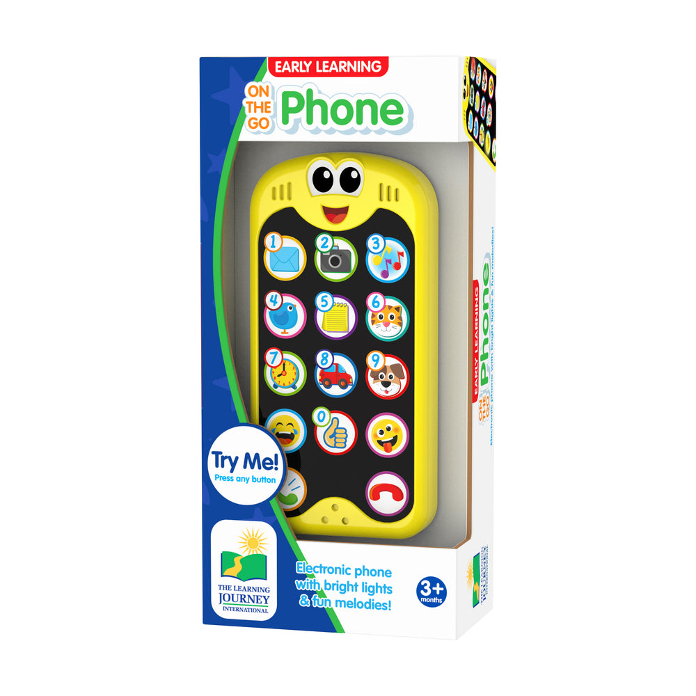 Early Learning On-the-Go Interactive Phone with yellow face and big eyes, numbered button grid with icons, bright lights and melodies, for ages 3+