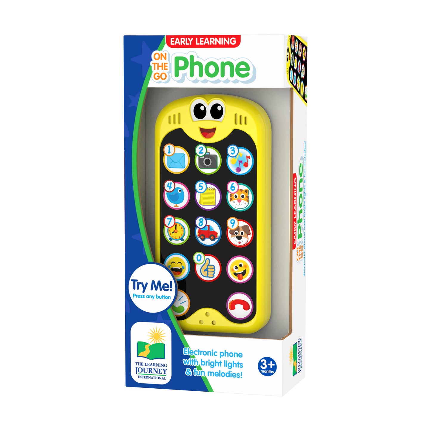 Early Learning On-the-Go Interactive Phone with yellow face and big eyes, numbered button grid with icons, bright lights and melodies, for ages 3+