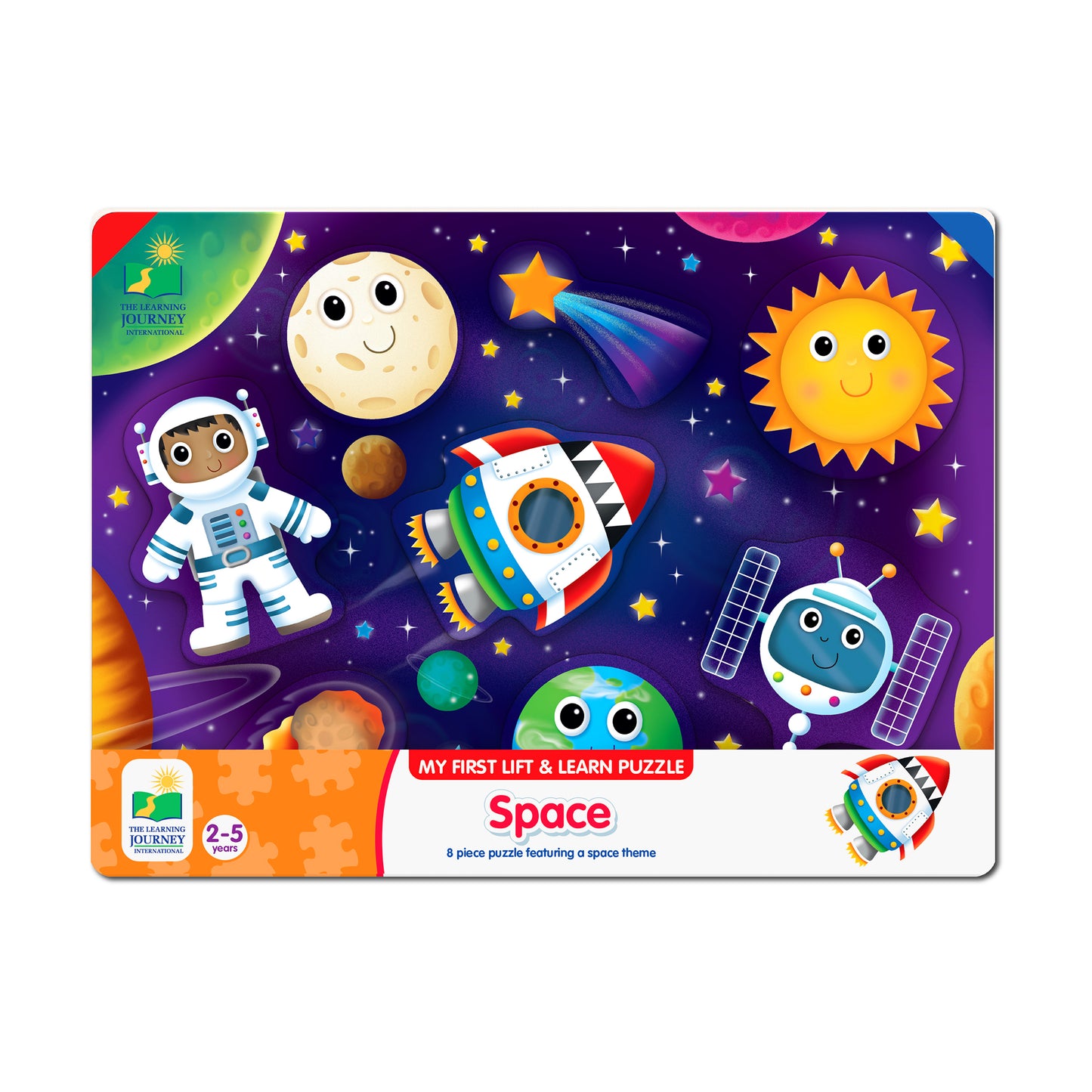 My First Lift & Learn Space Exploration Puzzle box featuring colorful cartoon astronaut, rocket, moon, sun, satellite, and planets on purple starry background;