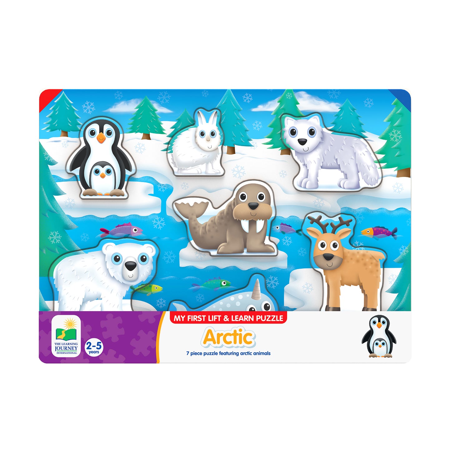 My First Lift & Learn Arctic Puzzle with 7 chunky pieces featuring penguin, white rabbit, polar bear, walrus, reindeer, and fish in snowy landscape