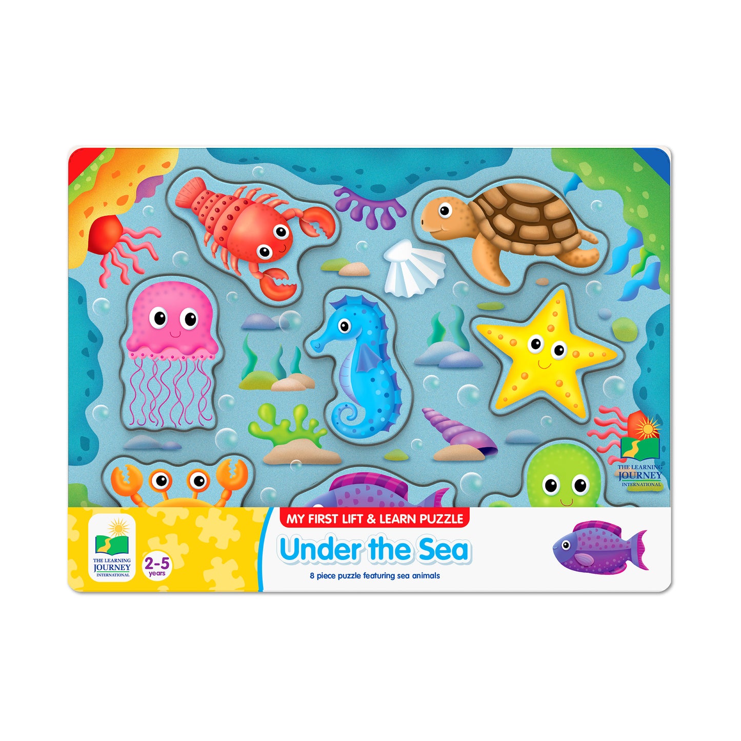 My First Lift & Learn Under the Sea Puzzle with 8 colorful sea animal pieces including lobster, jellyfish, turtle, seahorse, starfish, octopus, crab, and fish o