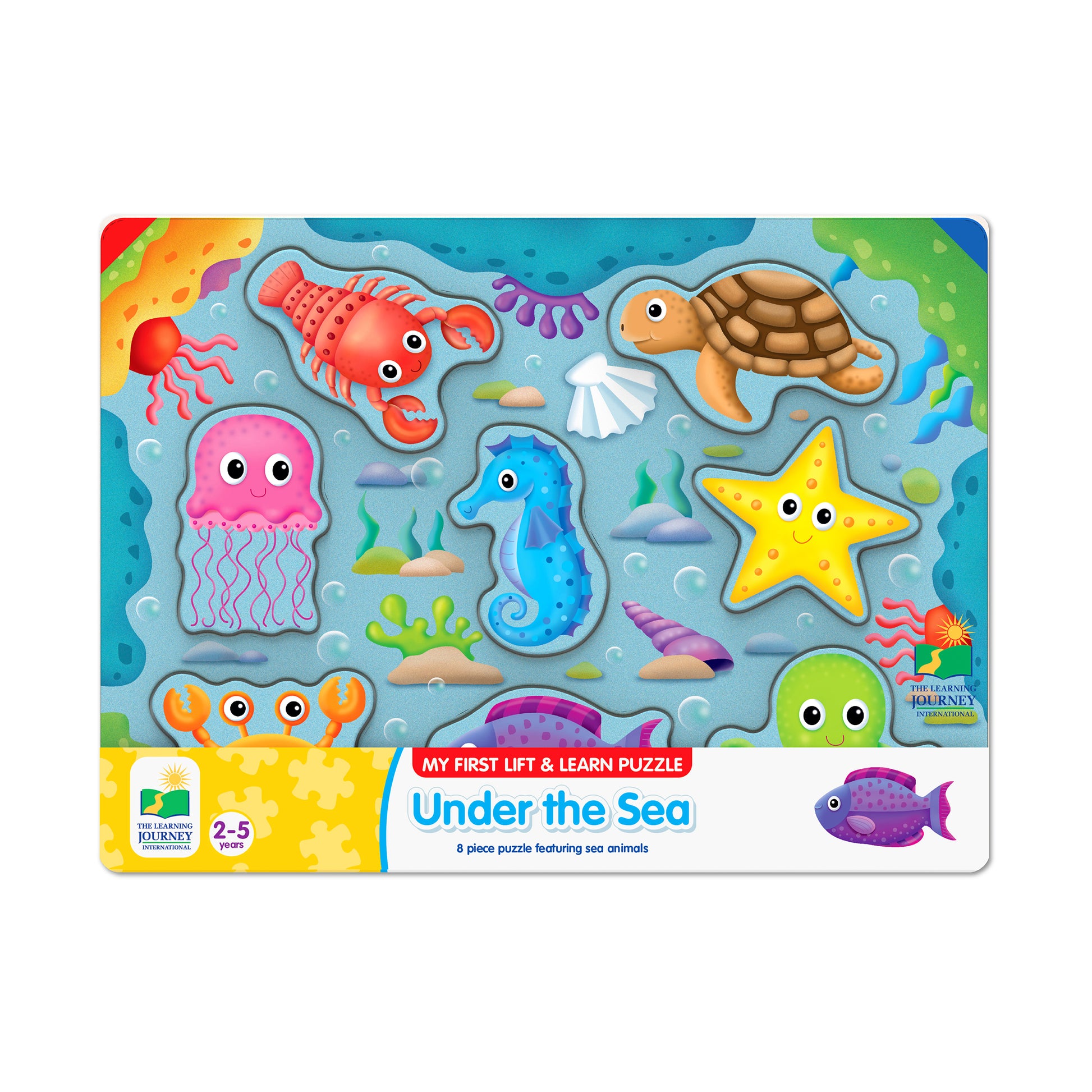 My First Lift & Learn Under the Sea Puzzle with 8 colorful sea animal pieces including lobster, jellyfish, turtle, seahorse, starfish, octopus, crab, and fish o