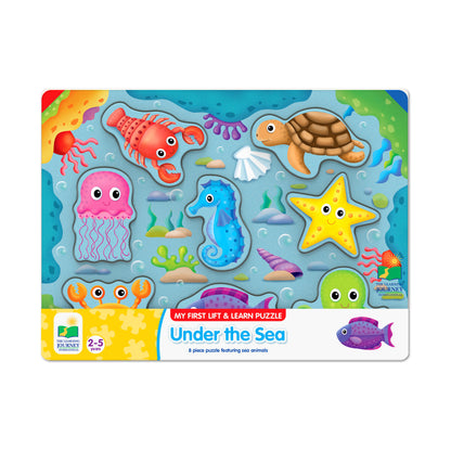 My First Lift & Learn Under the Sea Puzzle with 8 colorful sea animal pieces including lobster, jellyfish, turtle, seahorse, starfish, octopus, crab, and fish o